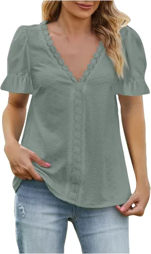 2024 Summer Tops for Women Short Sleeve Lace Jacquard V Neck T Shirt Loose Casual Boho Basic Tees Blouses Fashion