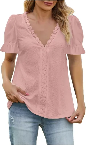 2024 Summer Tops for Women Short Sleeve Lace Jacquard V Neck T Shirt Loose Casual Boho Basic Tees Blouses Fashion