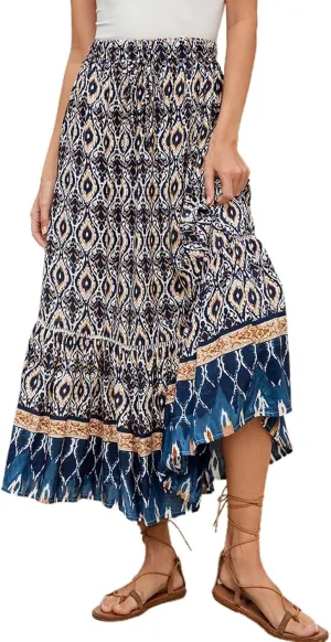Boho Floral Skirts for Women High Waist Vintage Tiered Ruffled Hem Hawaiian Beach Flowy Maxi Smocked Skirts