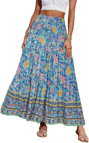 Boho Skirts for Women 2025 Vintage Floral Print Maxi Skirt Elastic High Waist Pleated Flowy Ruffle Beach Dresses