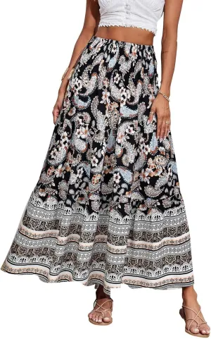 Boho Skirts for Women Vintage Floral Print Maxi Skirt Elastic High Waist Pleated Flowy Ruffle Beach Skirt