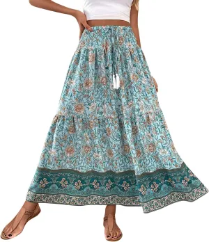 Boho Skirts for Women Vintage Floral Print Maxi Skirt Elastic High Waist Pleated Flowy Ruffle Swing Tiered Beach Skirt