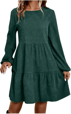 Casual Dresses for Women Long Sleeve Crewneck Loose Fit Shift Dress Solid Color Ruffled Layered Short Dress