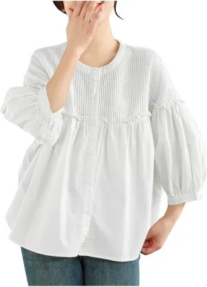 Cotton Linen Button Tops for Women 2025 Summer Peplum Babydoll Puff Short Sleeve Blouse T-Shirts Cute Crewneck Shirts