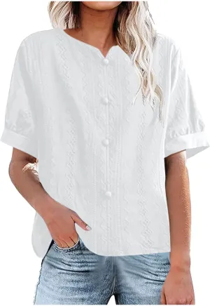 Cotton Linen Shirt for Women Elegant Embroidery Button Tops Summer Lantern Short Sleeve V Neck Blouse Tees Tunics