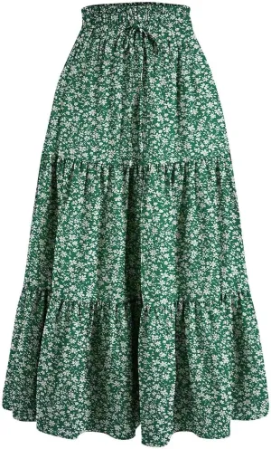 Floral Maxi Skirts for Women Tiered Elastic High Waisted Long Skirt Boho Summer Vacation Flowy Swing A Line Skirts