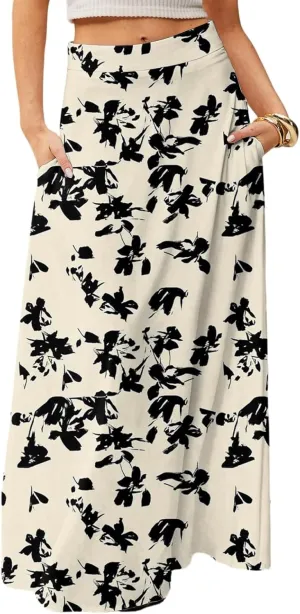 Floral Maxi Skirts for Women Trendy Summer Casual Flowy High Waisted Plus Size Long Boho Beach Skirt with Pockets