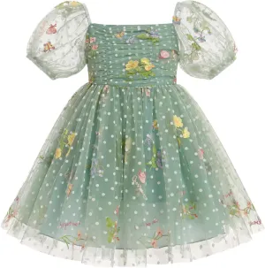IBTOM CASTLE Toddlers Girls Floral Embroidery Birthday Dress Short Puff Sleeve Dress Polka Dot Princess Party Dress