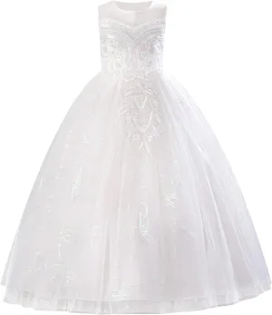 IDOPIP Sequin Appliques Flower Girl Dress for Kids Wedding Pageant Party Long Gown Princess Birthday Communion Tulle Dresses