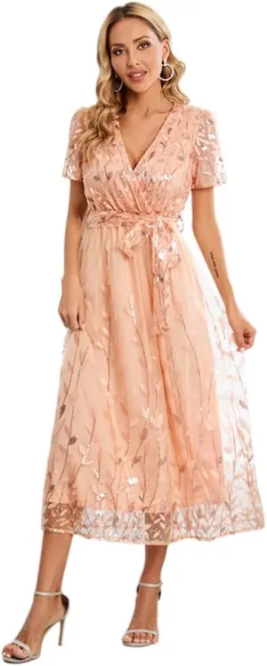 IDOPIP Women's Sequin Embroidery V-Neck Short Sleeve Maxi Evening Dress Sparkly Shiny Wedding Guest Party Cocktail Gowns