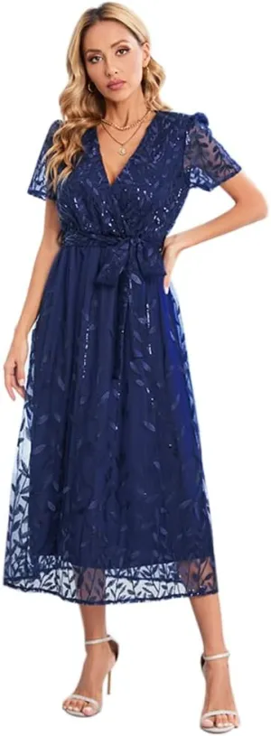 IDOPIP Women's Sequin Embroidery V-Neck Short Sleeve Maxi Evening Dress Sparkly Shiny Wedding Guest Party Cocktail Gowns