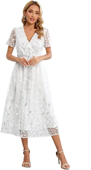 IDOPIP Women's Sequin Embroidery V-Neck Short Sleeve Maxi Evening Dress Sparkly Shiny Wedding Guest Party Cocktail Gowns