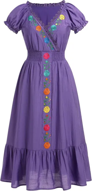 IKADEX Women Mexican Embroidered Dress Puff Sleeve V-Neck A-line Midi Dress Boho Summer Beach Cinco de Mayo