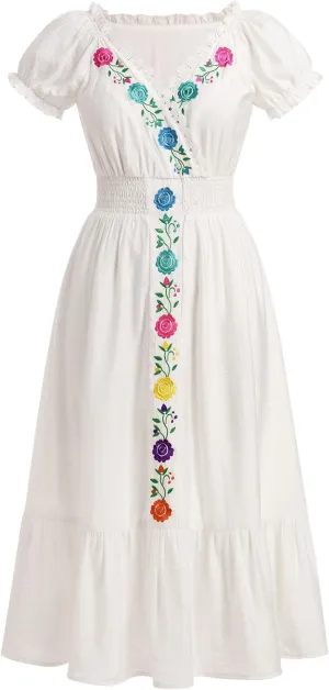 IKADEX Women Mexican Embroidered Dress Puff Sleeve V-Neck A-line Midi Dress Boho Summer Beach Cinco de Mayo