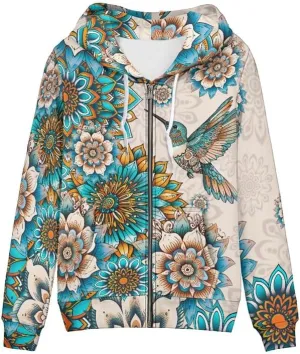 Irisjudy Women's Sport Jackets with Pocket Mexican Hooded Sweatshirt, Island Floral,Cats Hoodie Plus Size Drawstring Coat