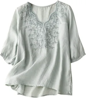 Lmdudan Women's Embroidered Blouse Cotton Linen Tees 3/4 Sleeve V Neck Boho Top Casual Loose T Shirts 2024 Summer Tunics