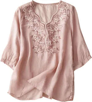 Lmdudan Women's Embroidered Blouse Cotton Linen Tees 3/4 Sleeve V Neck Boho Top Casual Loose T Shirts 2024 Summer Tunics