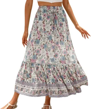 Maxi Boho Floral Skirts for Women 2025 Trendy Summer Long Flowy Skirts Drawstring High Elastic Waist A Line Skorts