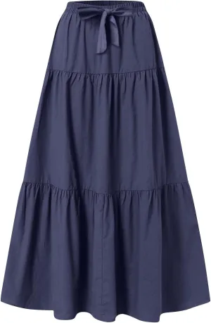 Maxi Skirt for Women Summer Boho Elastic High Waist Pleated A-Line Flowy Ruffle Swing Tiered Long Beach Skirt Dress