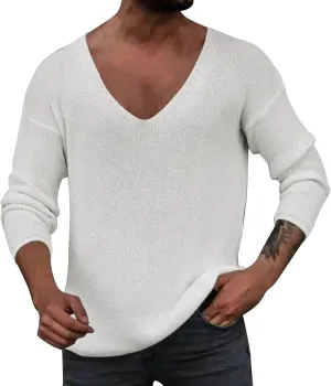 Mens Knit Long Sleeve Sweater Deep V Neck Solid Color Pullover Top Sweater Classic Raglan Sweatshirt Versatile Jacket