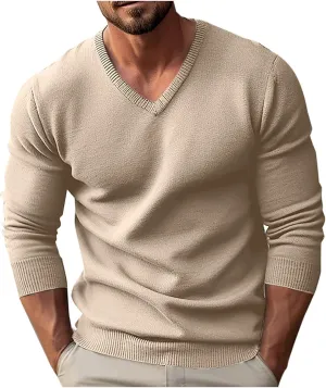 Mens V-neck Sweatshirts Casual Loose Solid Long Sleeve Base Pullover Top Classic Big and Tall Work Knit Sweater Shirt