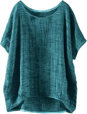 Miyaomn Women's Casual Linen Shirts Oversized Short Sleeve Crewneck Loose Fit Tees Blouse Summer Lightweight Solid Tunic Tops
