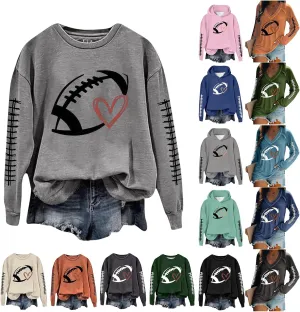 Mmoneyake Football Sweatshirts for Women Game Day Heart Football Graphic Hoodies Pullover Crew Neck Long Sleeve Mom Shirts