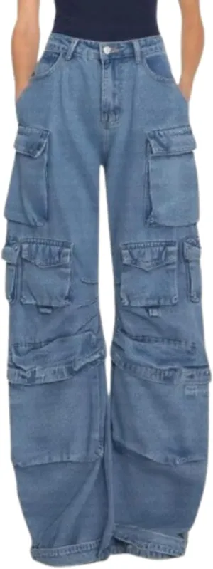 Multi-Pocket Jeans Washed Cargo Pants Y2k Retro High Street High Waist Jeans Casual Wide Leg Parachute Pants