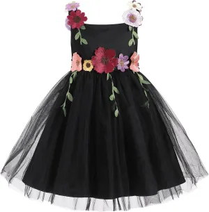 ODASDO Flower Girl Tulle Dress Kid Floral Embroidery Square Neck Sleeveless A-line Princess Tutu Dresses for Wedding Birthday