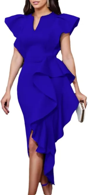 ONTINVA Women's Flutter Sleeve V-Neck Ruffle Hem Sleeveless Party Short Dress Irregular High Split Dresses