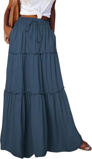 Skirts for Women Summer Flowy Tiered Elastic High Waisted Skirt Vacation Swing Boho Long Solid/Floral Maxi Skirts