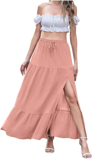 Spring Maxi Skirts for Women Trendy High Waisted Side Slit Pleated Skirt Casual Stretch Flowy Swing A Line Long Skirt
