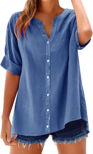 Summer Linen Work Tops for Women 2025 Trendy Button Down Plus Size V Neck Boho Clothes Spring Tops for Women