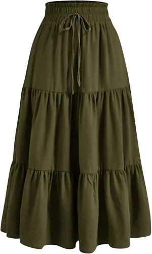 Summer Skirts for Women 2025 Vacation Boho Floral Tiered Maxi Skirt Drawstring High Waisted Flowy Ruffle A Line Skirt