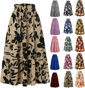 Summer Skirts for Women 2025 Vacation Boho Floral Tiered Maxi Skirt Drawstring High Waisted Flowy Ruffle A Line Skirt