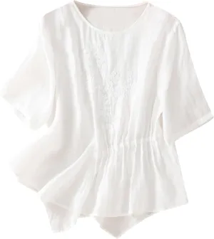 Vintage Embroidered Tops for Women Short Sleeve O-Neck Tees Shirts Irregular Hem Blouse Summer Cotton Linen Tunics