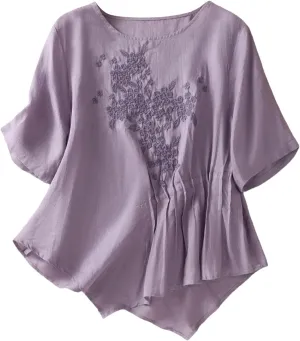 Vintage Embroidered Tops for Women Short Sleeve O-Neck Tees Shirts Irregular Hem Blouse Summer Cotton Linen Tunics