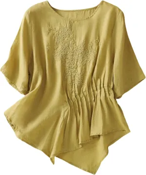 Vintage Embroidered Tops for Women Short Sleeve O-Neck Tees Shirts Irregular Hem Blouse Summer Cotton Linen Tunics