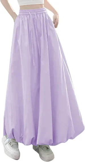Women Bubble Long Skirt Y2k Flowy Swing A Line Maxi Skirt Cute Ruffle Pleated Midi Skirt Summer Balloon Graduation Skirt