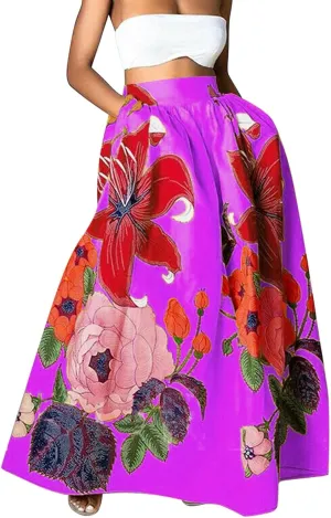 Women Casual 2025 Maxi Skirt Floral Flowy Bohemian Renaissance A Line Trendy Dress Spring Beach Skirts with Pockets