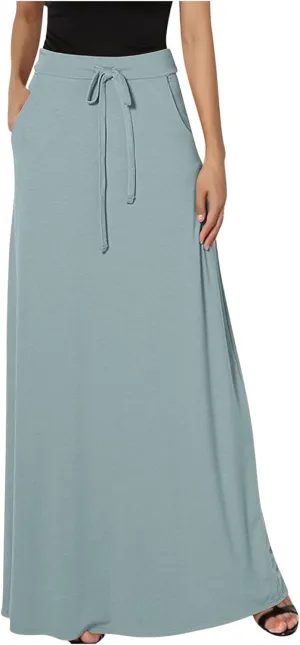 Women Elegant Maxi Skirts Drawstring Waist Casual Long Skirt with Pocket, Dressy Plain Midi Skirt Flowy Half Dress