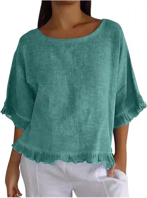Women Round Neck Ruffled Hem Cotton Linen Tops 2025 Summer Short Sleeve Solid Color Pullover Tunic Elegant Blouse Tee