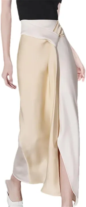 Women Silky Satin Long Skirt High Waist Color Blocking Chiffon Flowing Ankle-Length Skirts