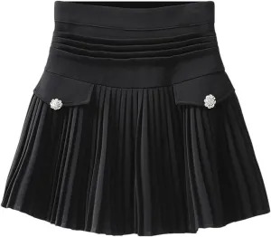 Women White Pleated Skirts Sexy Slim College High Waist Mini Metal Letter Line Clubwear