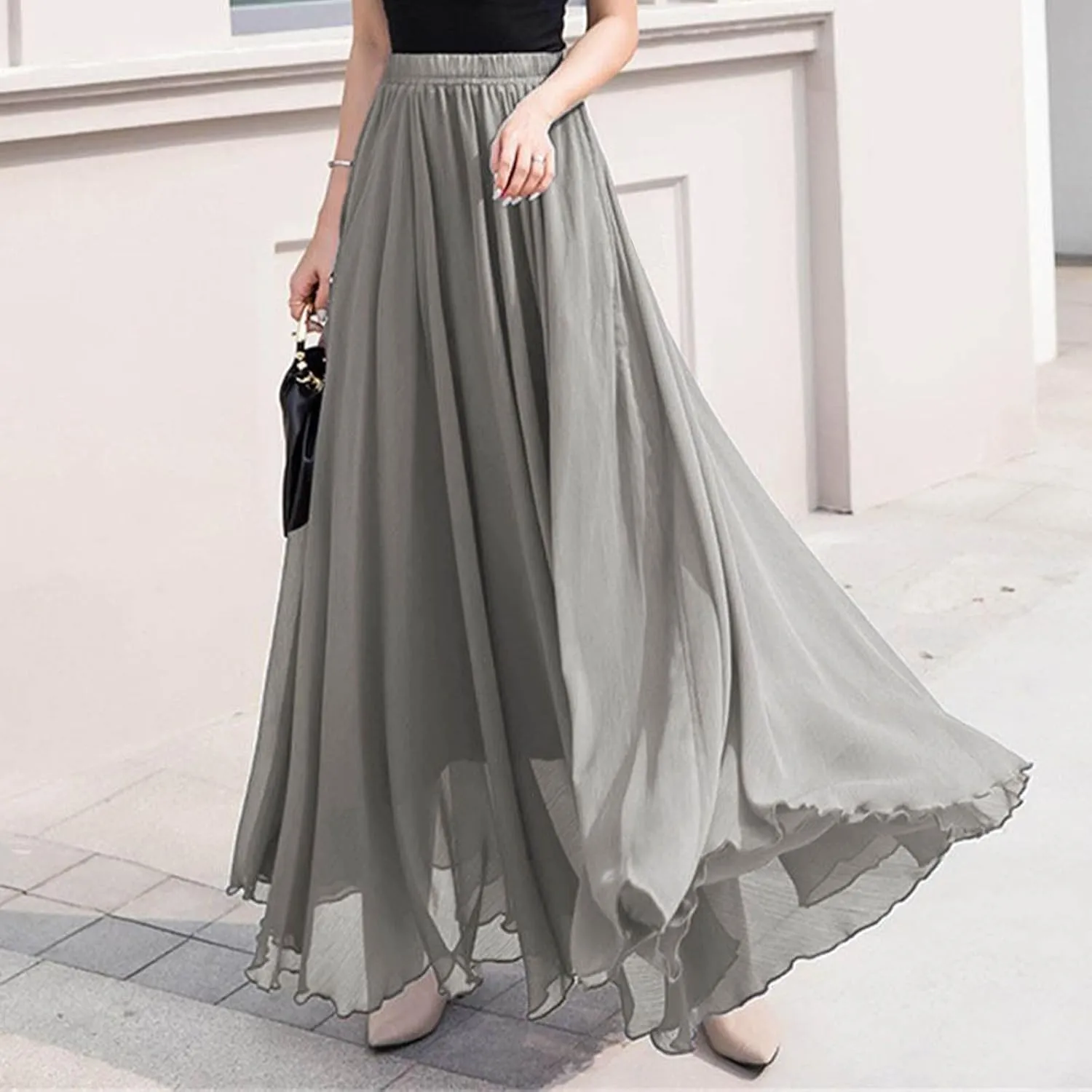 Womens A-Line Maxi Skirts Ruffle Elastic Waist Pleated Long Skirt Summer Beach Vacation Casual Loose Clothes 2025