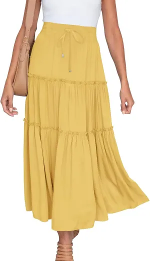 Womens Boho Maxi Skirt Elastic Waist A Line Ruffle Long Skirts Trendy Beach Midi Tiered Swing Skirts Flowy Skirt
