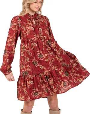Women's Casual Long Sleeve Tie V Neck Ruffle Tiered A-Line Swing Boho Mini Dress with Pockets
