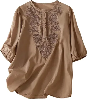 Womens Cotton Linen Button Top 3/4 Sleeve Shirts 2025 Spring Summer Casual Boho Tees Vintage Embroidered Blouse
