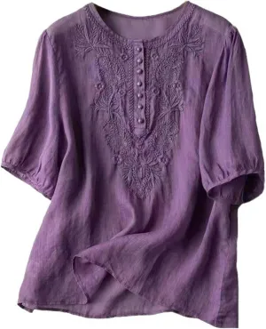 Womens Cotton Linen Button Top 3/4 Sleeve Shirts 2025 Spring Summer Casual Boho Tees Vintage Embroidered Blouse