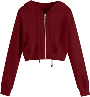 Womens Cropped Hoodies Cute Trendy Zip Up Sweatshirt Hooded Long Sleeve Yoga Tops Crop Sweatshirts Outwear Coats